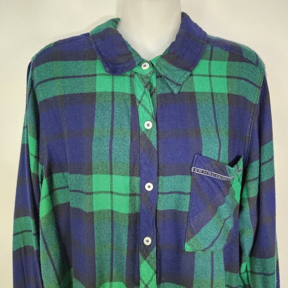 Aerie Sleepwear PJ Shirt Large Blue Green Long Sleeve Plaid Button Front Flannel - Picture 3 of 11